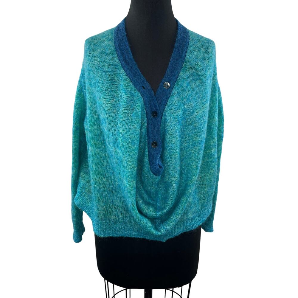 Plumpynuts Wool Blend Knit Sweater Blue Button Down Pullover Wrap Convertible